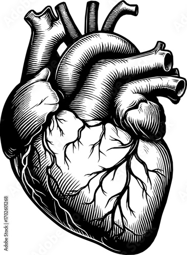 Black and white vector of a human heart in clean line art style, anatomically accurate, isolated on white background, scalable illustration