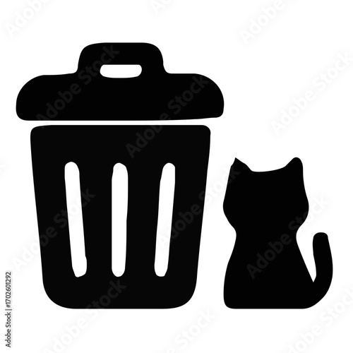 Minimalist black silhouette icon of a cat sitting beside a garbage bin. A simple vector graphic representing pets, waste, and urban animals