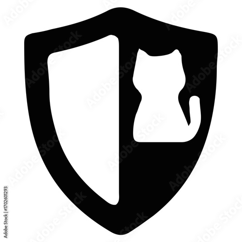 Protective shield icon featuring a cat silhouette, a symbol for pet insurance, animal rescue services, or feline safety and location