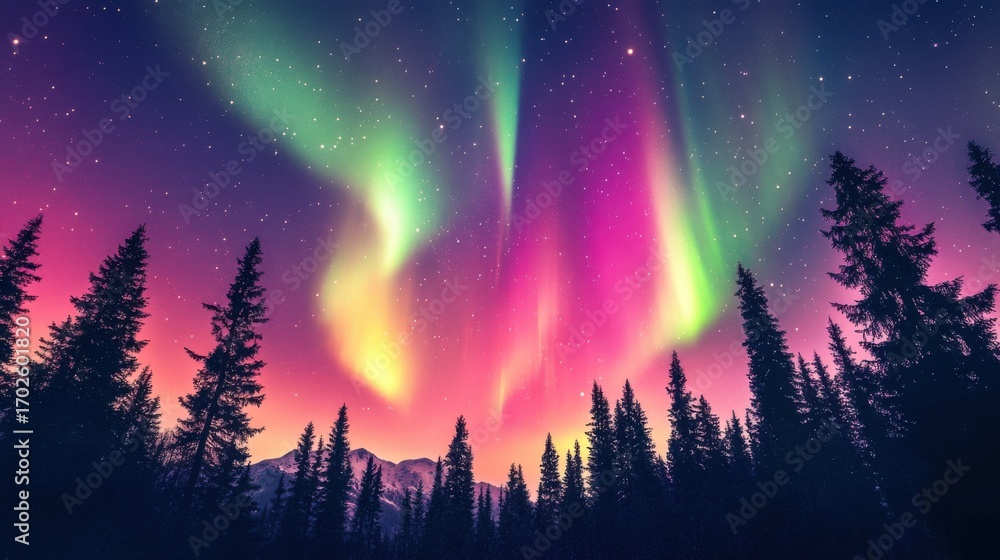 Fototapeta premium Vibrant aurora borealis dancing in the night sky above a silhouette of pine trees and mountains