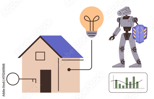 Connected smart home with key access, a glowing bulb depicting innovation, robot indicating AI, and graph visualizing data analytics. Ideal for technology, security, innovation, automation, AI home