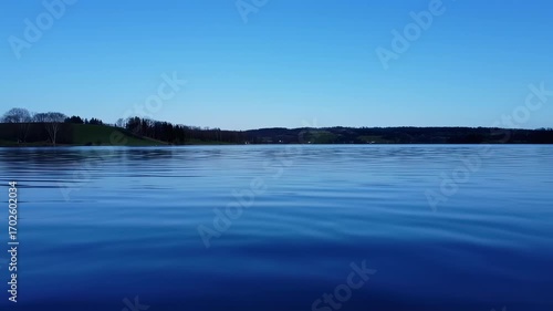 Serene lake with a clear blue sky