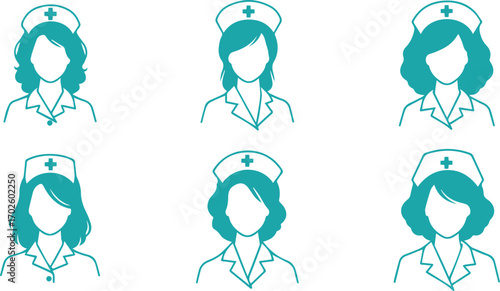  collection of nurse icons, showcasing various hairstyles and expressions, representing healthcare, medicine, and the nursing profession