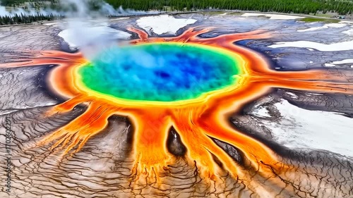 Vibrant hot spring, aerial view