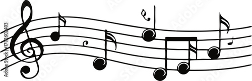 A single treble clef illustration on a white background with floating black musical notes