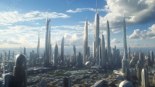 Stunning futuristic city view with illuminated skyscrapers at evening picture