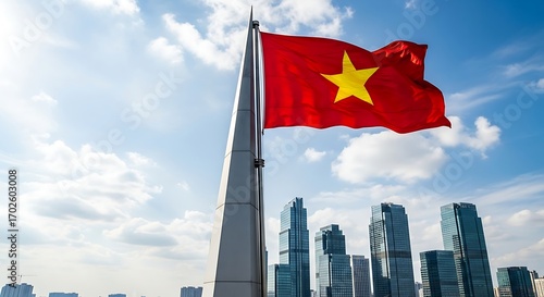 Vietnam Flag Waving Proudly in the Wind Above City Skyscrapers.