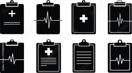 Illustration of medical clipboards with various health symbols, the set includes clipboards with a plus sign, heartbeat line, and blank lines for notes