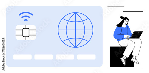 wireless, chip, and globe highlighting tech connectivity next to a woman working on a laptop. Ideal for communication, technology, innovation, remote work, digital transformation, online education