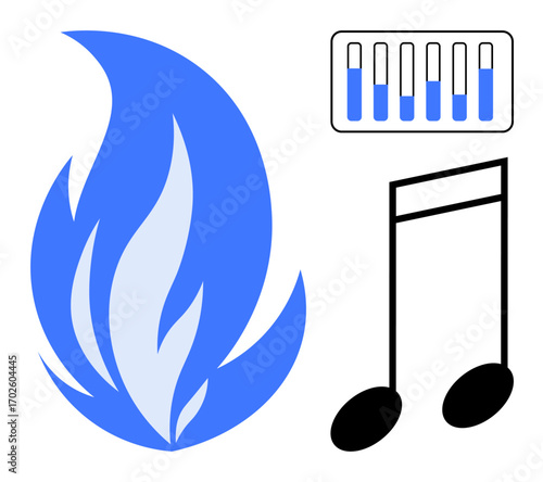 Blue flame, musical note, and sound equalizer. Ideal for music, energy, creativity, rhythm performance balance inspiration simple landing page. Line metaphor. Simple line icons