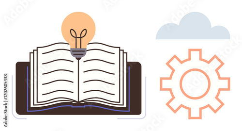 Open book with glowing light bulb above, gear to the right, and cloud in the background. Ideal for education, creativity, problem-solving, innovation, brainstorming, knowledge sharing simple flat