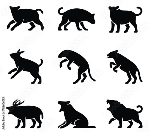 A collection of diverse animal silhouettes, including common pets and wild mammals, presented as a black vector illustration set