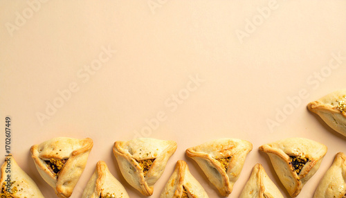 Hamantaschen Cookies Flatlay with Golden Glitter. Purim Jewish Festival. Generated Image