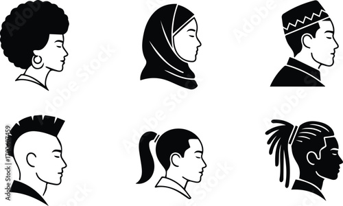  diverse faces in profile showcases a range of hairstyles and cultural representations, including afro, hijab, dreadlocks, and more, promoting inclusivity and diversity