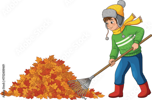 Boy raking autumn leaves outdoors, wearing warm winter clothes, yellow hat with pompom, green sweater, red boots, fall cleanup activity