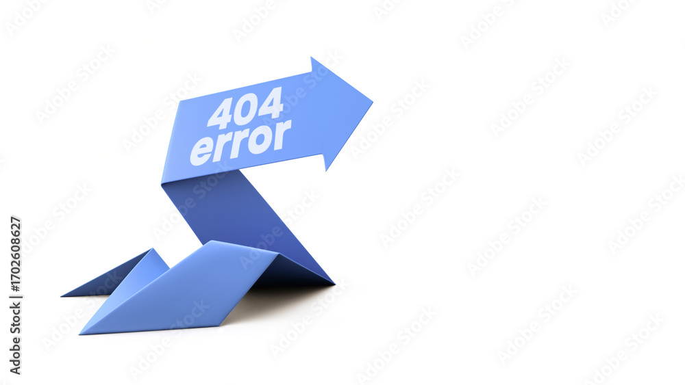Blue arrow pointer on white background. Error 404. Text. Copy space. 3D rendering. Illustration. Blue arrow pointer on white background. Error 404. Text. Copy space. 3D rendering. Illustration.