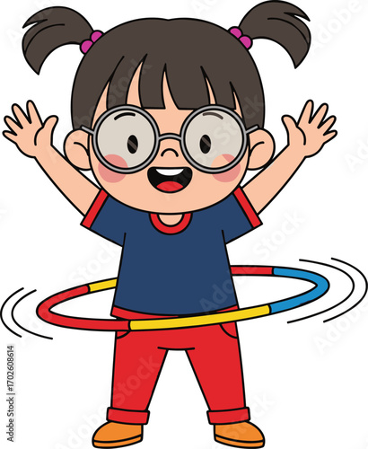 Cartoon girl playing with hula hoop, smiling child with glasses, colorful toy ring, fun exercise, happy energetic preschool kid