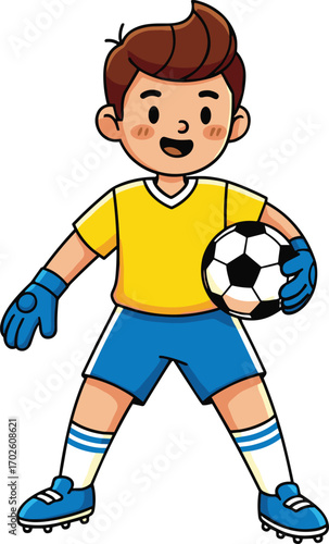 Cartoon soccer player boy, holding football, wearing yellow jersey and blue shorts, goalkeeper gloves, smiling face, sports character, athletic kid