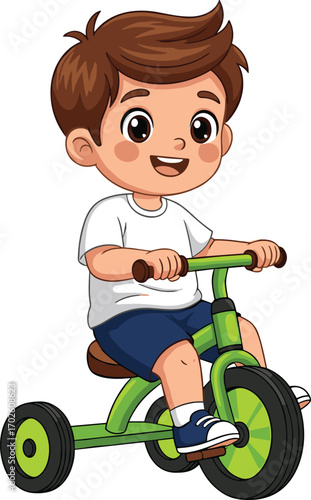 Cute cartoon boy riding green tricycle, smiling child in white shirt and blue shorts, outdoor fun, playful kid, happy childhood, activity