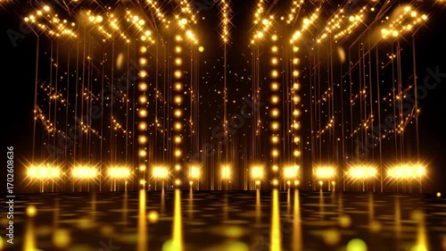 4k Golden particle neon light display hall stage background, luxury glowing illumination with falling sparkles, elegant event ceremony scene, cinematic award show atmosphere, festive celebration light