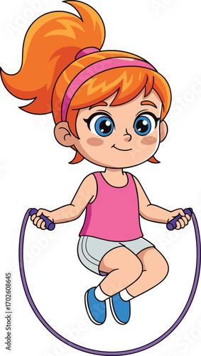 Cute cartoon girl skipping rope, red hair ponytail, wearing pink tank top and shorts, active child, exercise, outdoor fun, healthy lifestyle