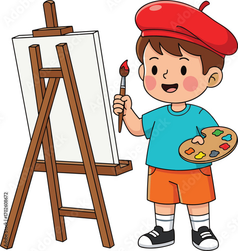 Cute little boy in red beret painting on canvas, holding palette and brush, standing by wooden easel, creative child art
