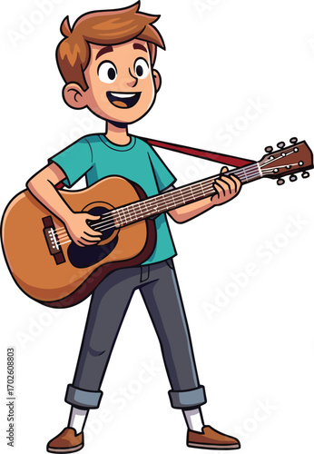 Happy boy playing guitar, young musician practicing acoustic guitar, child enjoying music, kid learning guitar, music hobby, cheerful boy singing