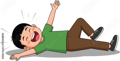 Happy boy laughing joyfully lying on floor, playful child having fun, cheerful kid enjoying carefree indoor playtime moment