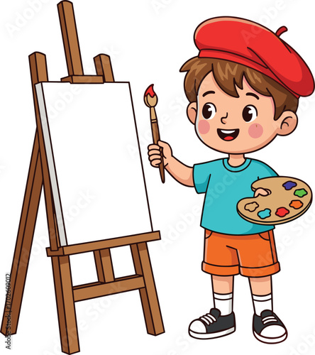 Happy little boy wearing red beret, holding paintbrush and palette, standing near easel, painting art, creative child, colorful paints