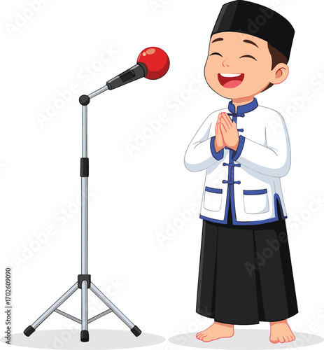 Happy Muslim boy praying near microphone, traditional clothing, religious prayer, child worship, Islamic culture, smiling kid, spiritual moment, barefoot boy