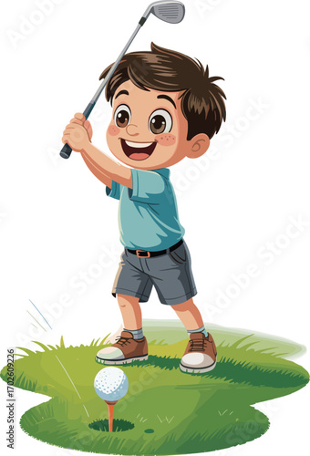 Happy young boy playing golf, swinging club on grass field, hitting golf ball, kids outdoor sports activity, active childhood fun