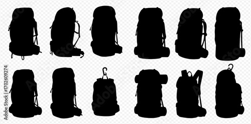 A collection of black silhouette backpacks and rucksacks for outdoor adventures and travel.