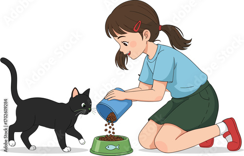 Little girl feeding black cat with dry pet food in bowl, happy pet care, indoor child and animal interaction scene