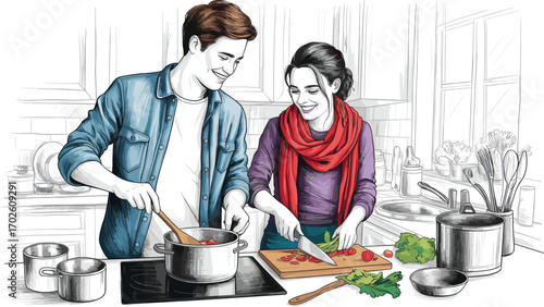 Happy young couple cooking together in modern kitchen, preparing fresh vegetables, smiling, enjoying meal preparation, healthy lifestyle, home cooking.