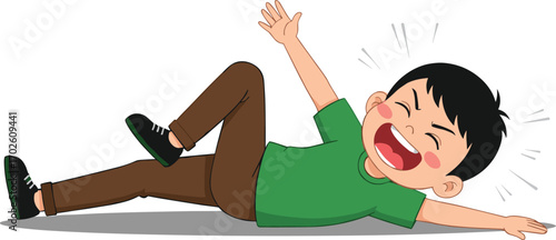 Young boy lying on floor laughing loudly, playful child having fun, happy kid enjoying indoor playtime, carefree joyful momen