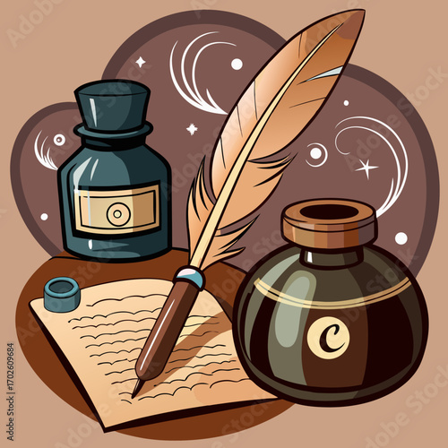 Creative Calligraphy Tools Vector – Ink Pen, Brush, and Ink Bottle Illustration for Artistic Typography and Design