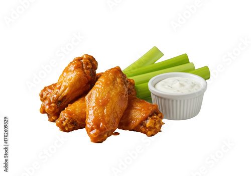 Golden-brown, saucy, crispy buffalo wings, vibrant green celery sticks, blue cheese dip in a white ramekin on a plate, isolated on transparent background. Appetizing commercial food photography