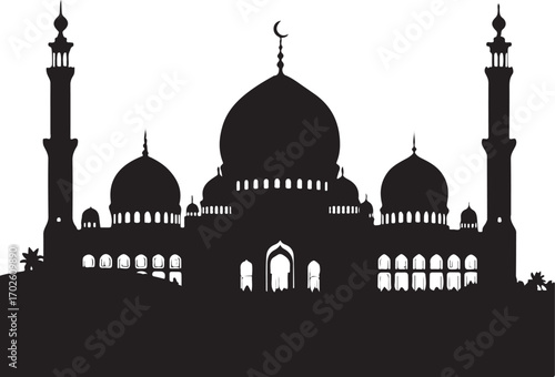 Silhouette of a grand mosque with domes and minarets on a white background Keywords: mosque, Islamic architecture, religion, faith, worship, building, architecture, silhouette, dome, minaret