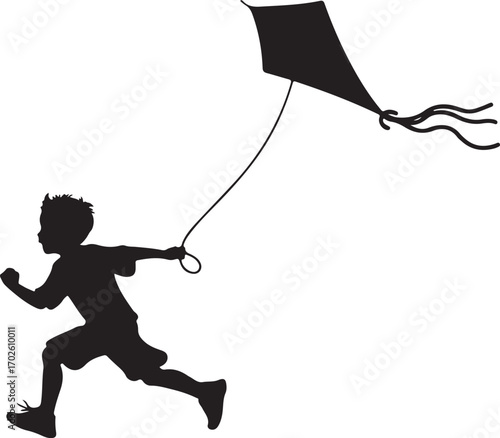Silhouette of a boy running with a kite on a white background flying