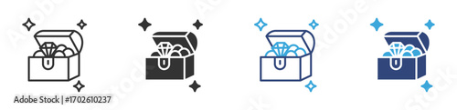 treasure chest filled with gems and coins, with sparkles around it icons , vector illustration .