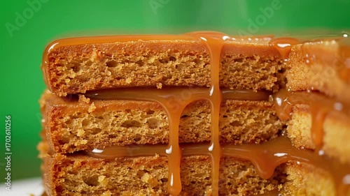 Delicious caramel sauce dripping over stacked gingerbread cookies in a close-up shot.