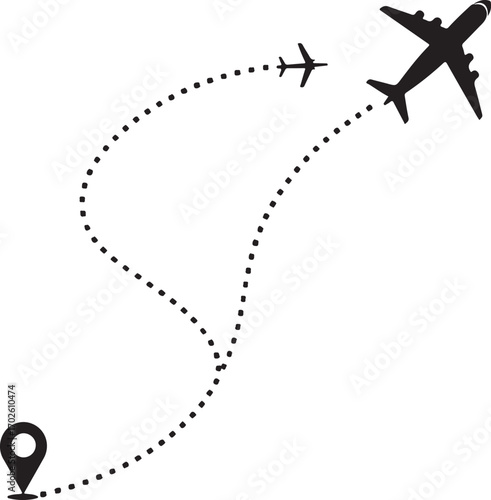 Airplanes flying on dotted lines representing travel routes with a location pin Keywords: airplane, flight, travel, journey, route, dotted line, path, transportation, aviation, trip, destination