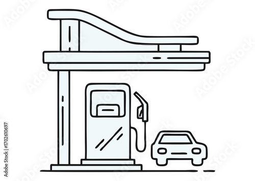 Gas station outline with fuel pump and car symbolizing transportation and refueling with copy space