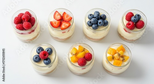 Variety of mini cheesecakes in jars with fruit topping on a clean surface for dessert presentation
