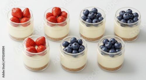 Assorted of mini cheesecakes in jars with fruit topping on a clean surface for dessert presentation