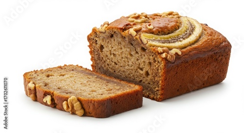 banana bread slice with walnut garnish isolated on white background for dessert or bakery uses