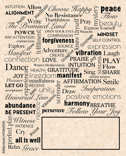 Inspirational Word Cloud Journal Cover - Mindfulness and Self-Care Typography on Vintage Background