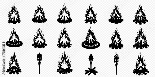 A collection of black silhouette icons depicting various campfires with burning logs and two ancient torches, set against a transparent background.
