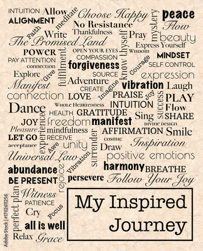 Inspirational Word Cloud Journal Cover - Mindfulness and Self-Care Typography on Vintage Background