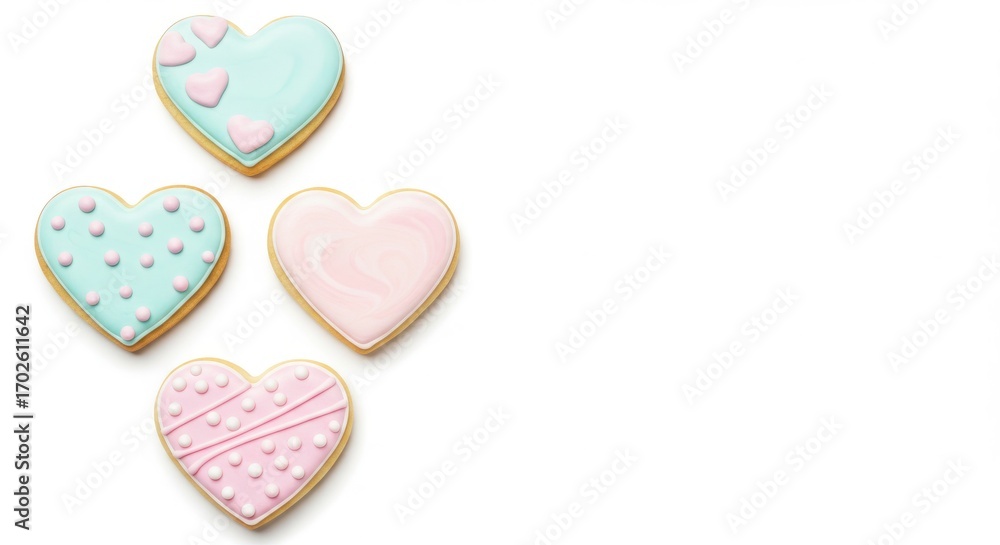 Obraz premium Frosted sugar cookies shaped like hearts for dessert display and celebration event decoration